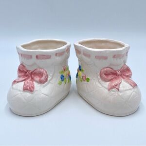 Pair Of Vintage 1989 CMC Baby Girl Birth Quilted White Booties Ceramic Planters